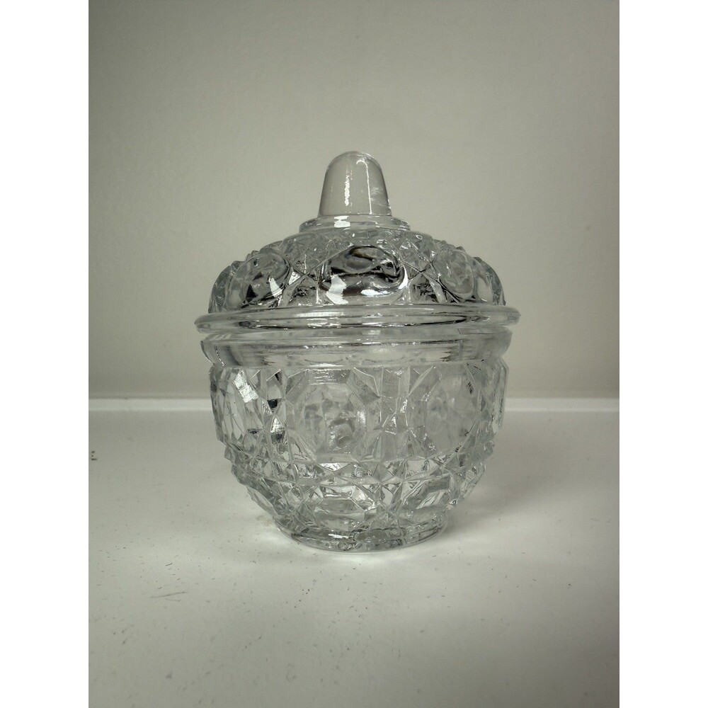 Vintage Crystal Lidded Trinket Dish Cross-Hatch Button Pattern Jewelry Dish